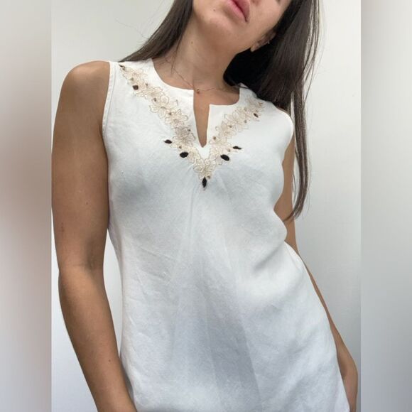 Vintage Y2K White Linen Sleeveless Floral Embroidered Tunic Top Size S - Picture 6 of 11